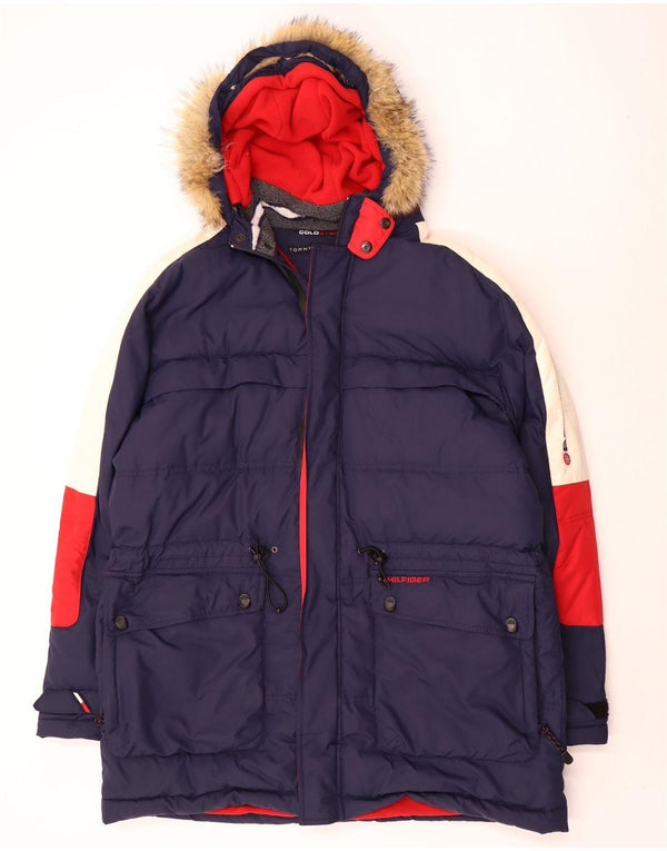 Tommy Hilfiger Abrigo acolchado con capucha para hombre UK 42 XL Poliéster con bloques de color azul