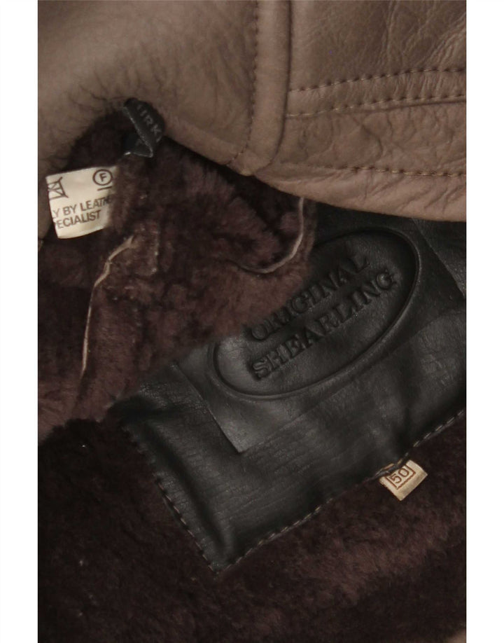 Vintage hombres doble pecho shearling chaqueta IT 50 cuero marrón grande