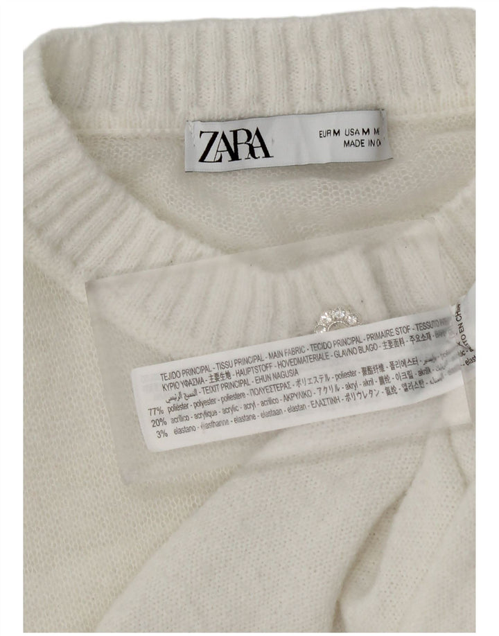 Zara Mujer Crop Cardigan Suéter UK 12 Medio Blanco Poliéster