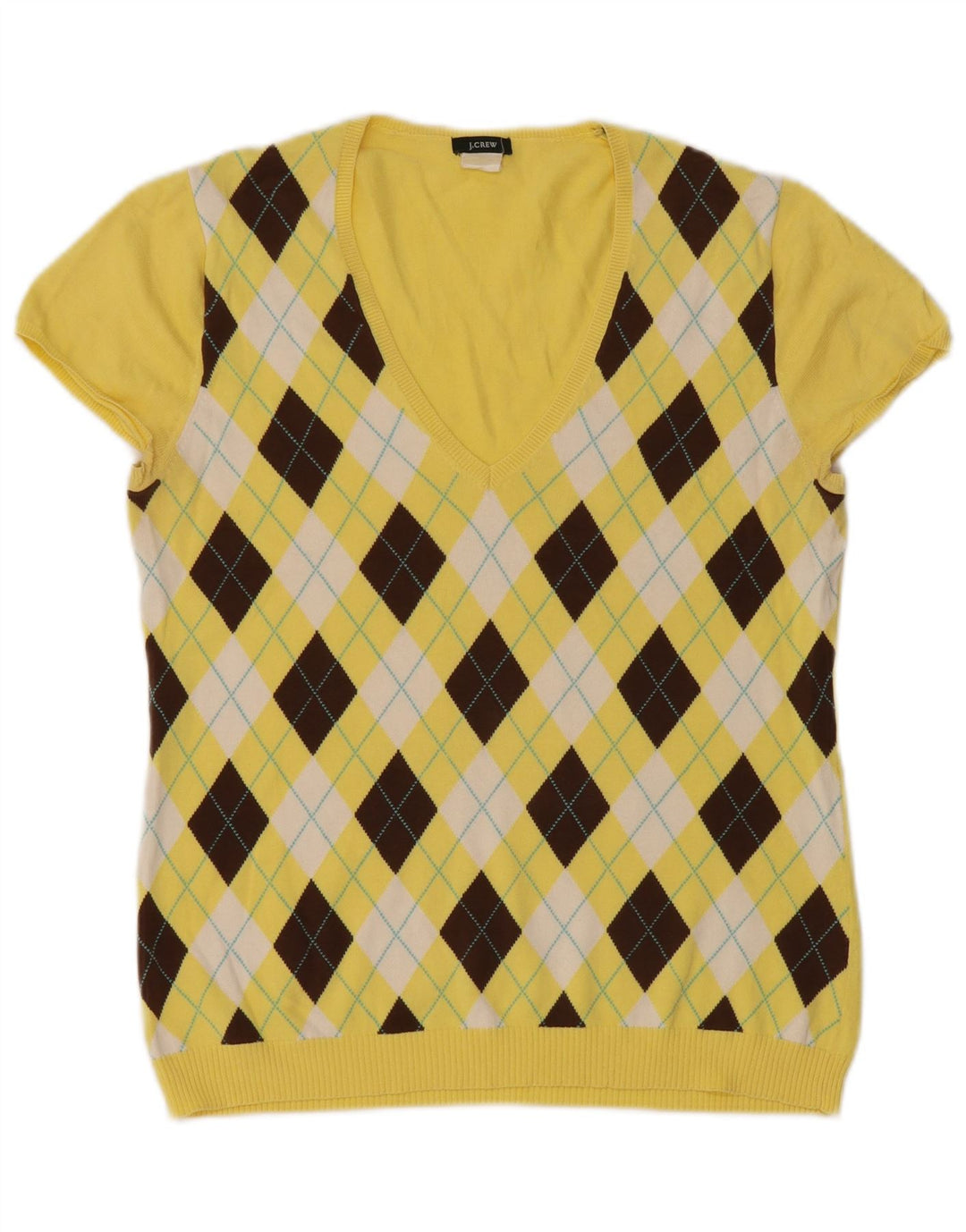 J. CREW Suéter tipo jersey con cuello en V para mujer Reino Unido 12 Argyle amarillo mediano/diamante