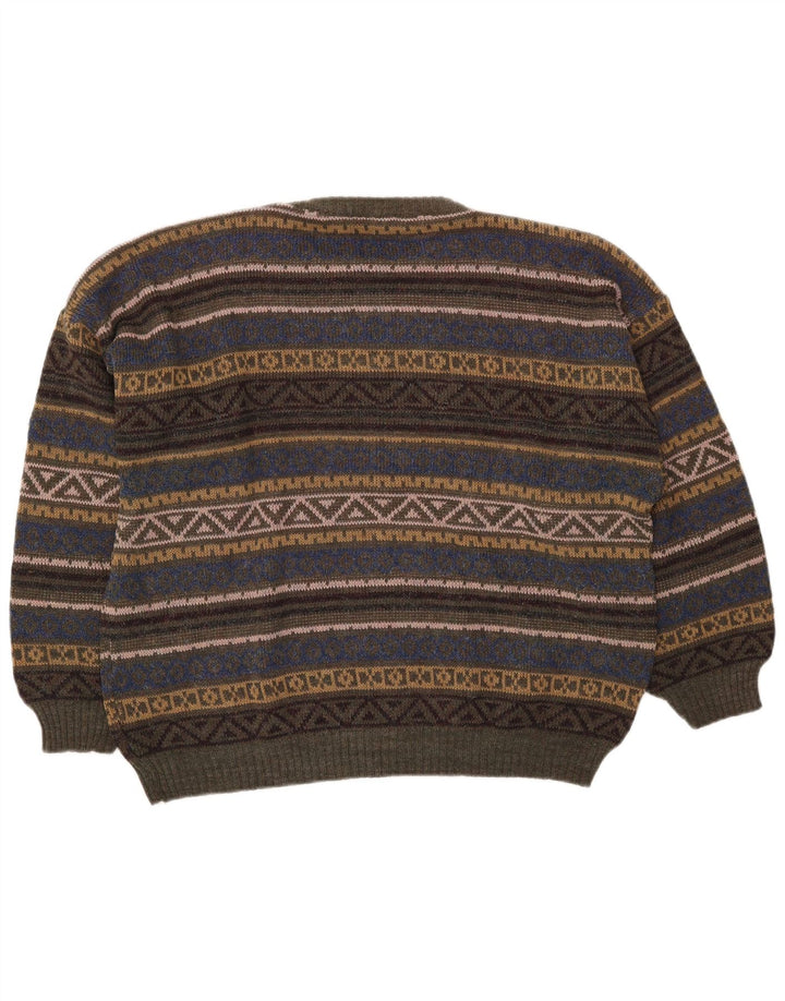 Vintage hombres cuello redondo jersey suéter medio multicolor Fair Isle