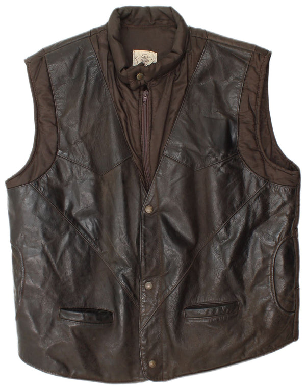 Vintage hombres cuero acolchado Gilet Reino Unido 40 cuero marrón grande