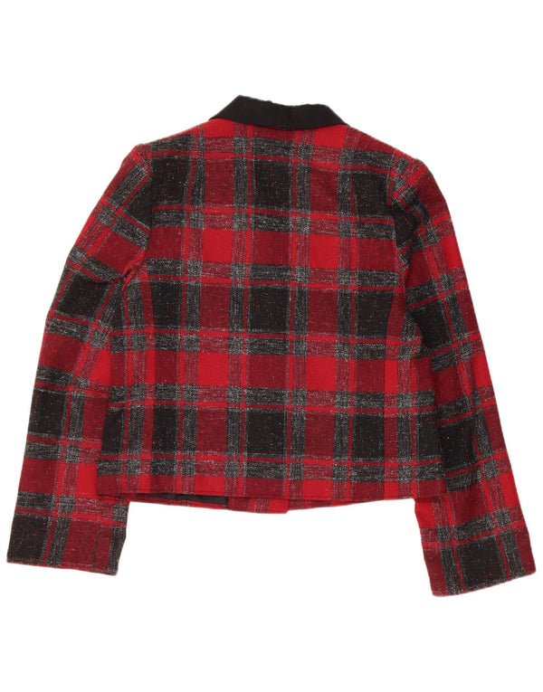 VINTAGE Mujer Crop 1 Botón Blazer Chaqueta EU 40 Lana de cuadros rojos medianos