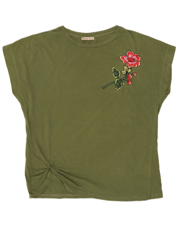 Zara Mujer Camiseta Gráfica Top UK 46 Large Algodón Caqui