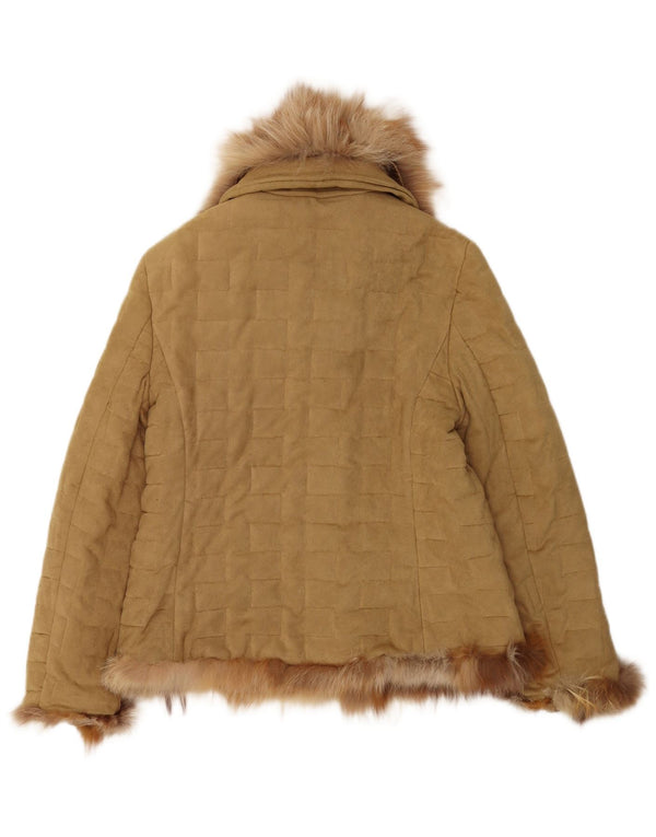 Vintage mujer chaqueta acolchada con capucha Reino Unido 16 poliéster beige grande
