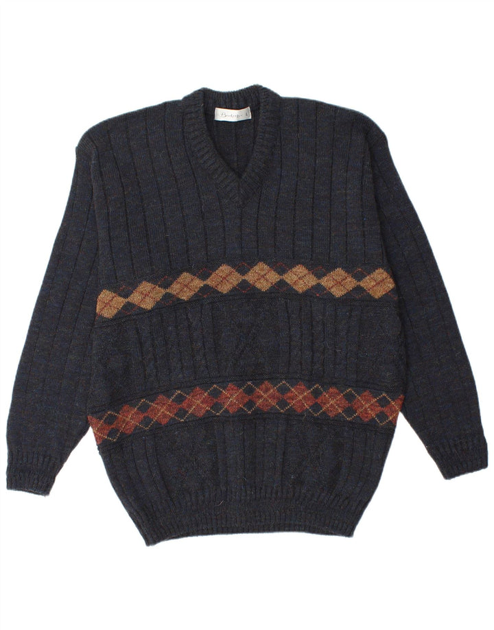BERKERTEX Jersey con cuello en V para hombre, talla grande, azul marino, Argyle/Diamante