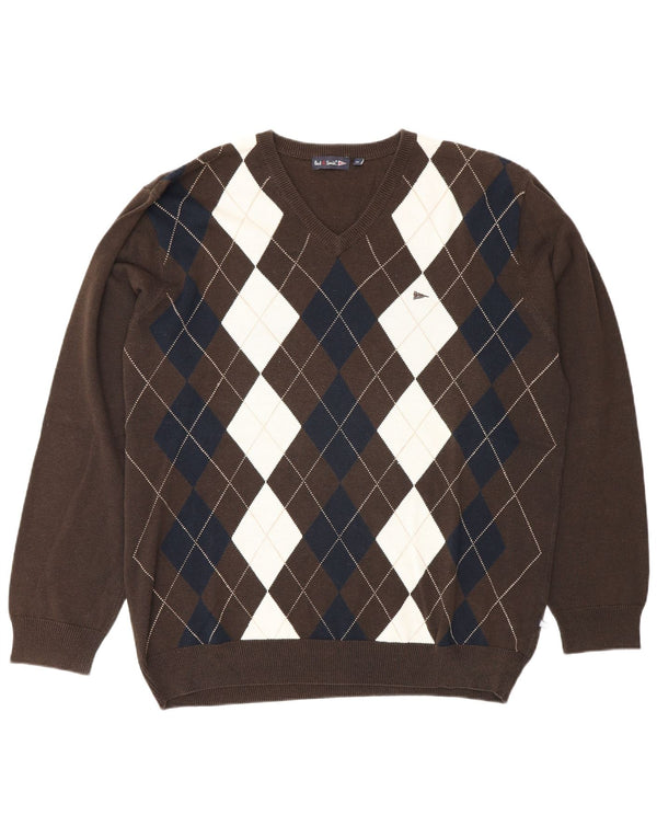 Paul Smith Jersey con cuello en V para hombre XL Marrón Argyle/Diamante