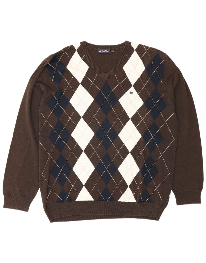 Paul Smith Jersey con cuello en V para hombre XL Marrón Argyle/Diamante
