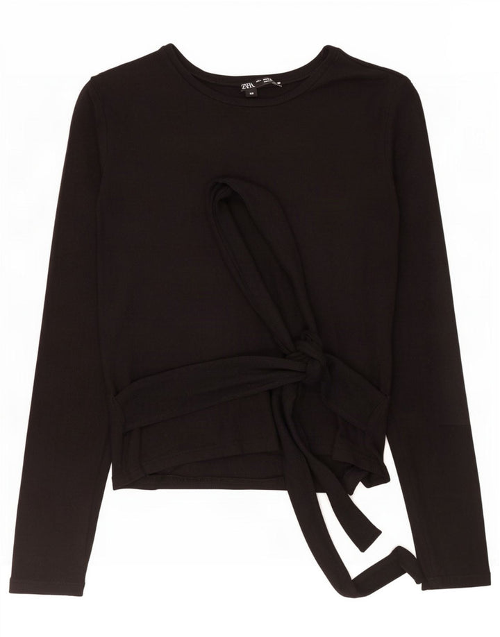 Zara Mujer Top Con Lazo Frontal Manga Larga UK 8 Small Negro