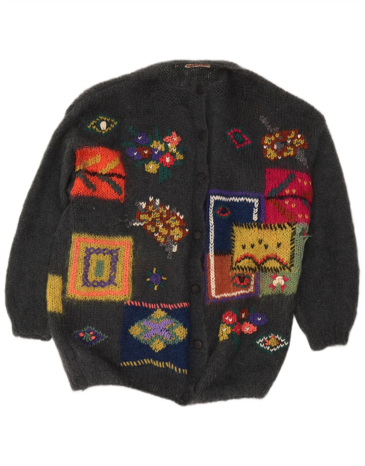 Vintage mujer gráfico cardigan suéter Reino Unido 18 XL gris patchwork
