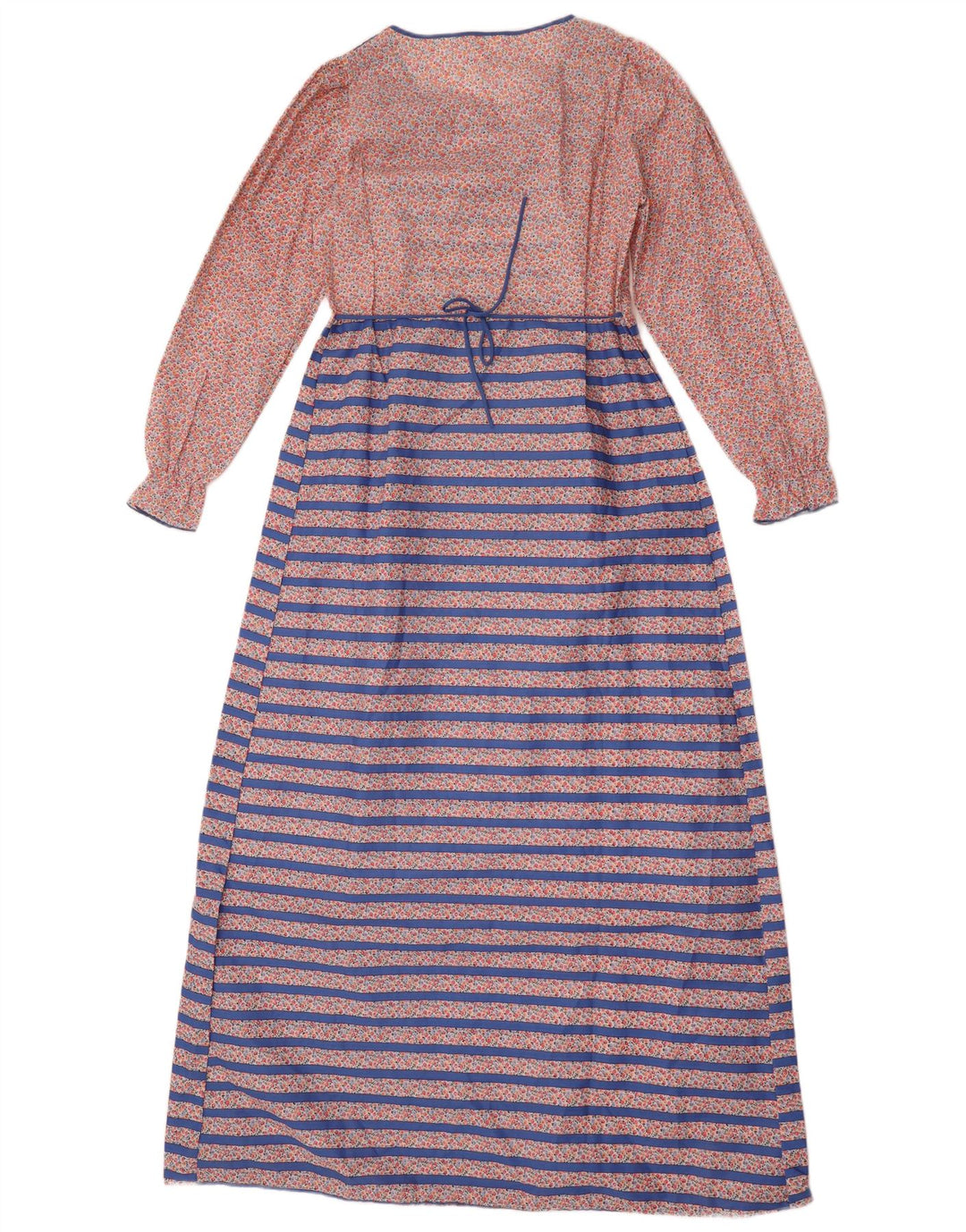 Vintage mujer manga larga Maxi vestido Reino Unido 14 poliéster a rayas azul medio