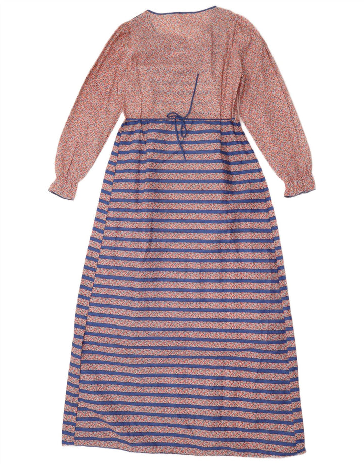 Vintage mujer manga larga Maxi vestido Reino Unido 14 poliéster a rayas azul medio