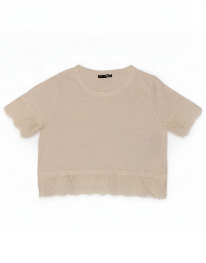 Zara Mujer Crop Blusa Top UK 40 Medium White Linen