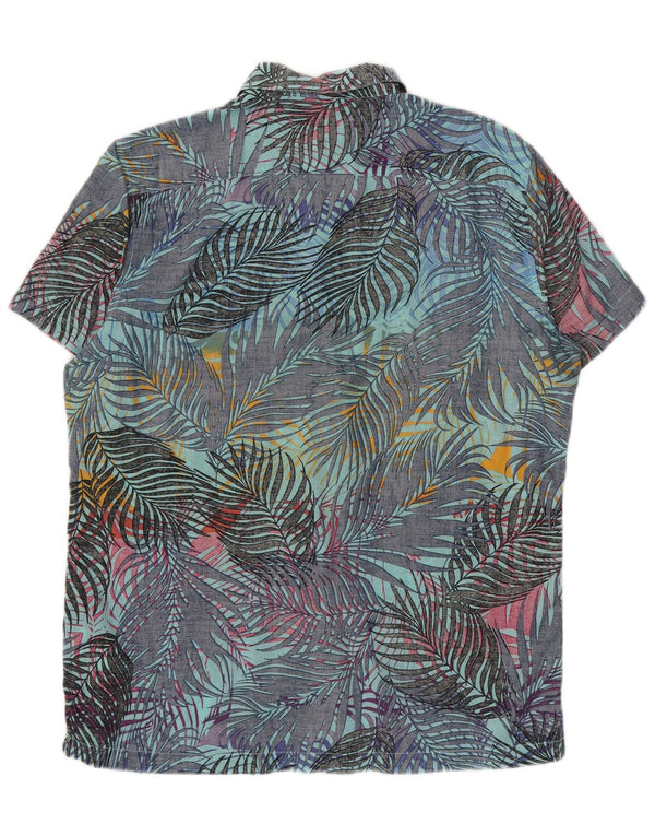 Pull & Bear Camisa de manga corta para hombre, talla grande, azul, floral, algodón, hawaiana