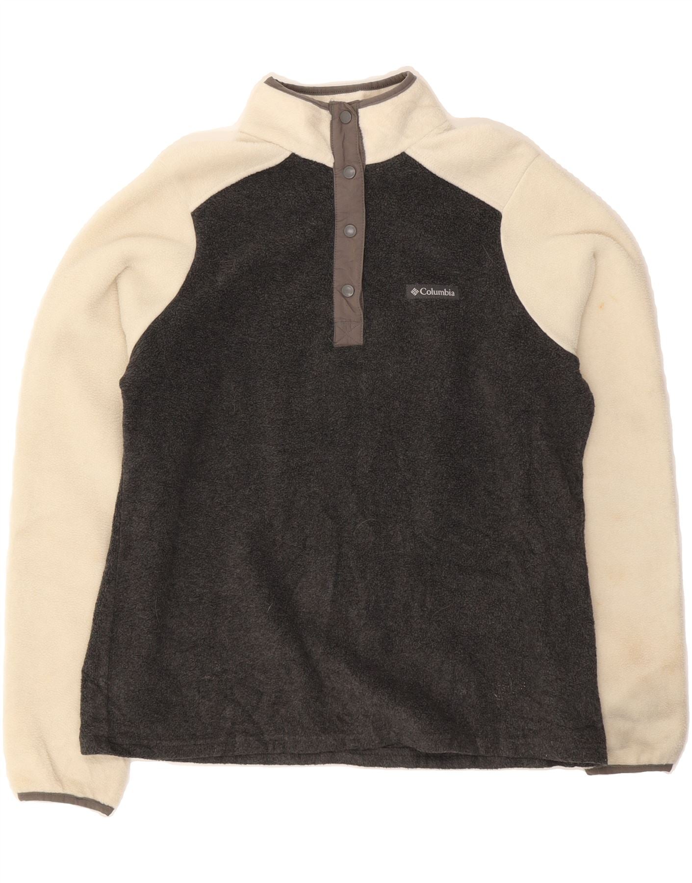 COLUMBIA Womens Button Neck Fleece Jumper UK 14 Medium Grey Colourblock Vintage Columbia and Second-Hand Columbia from Messina Hembry 