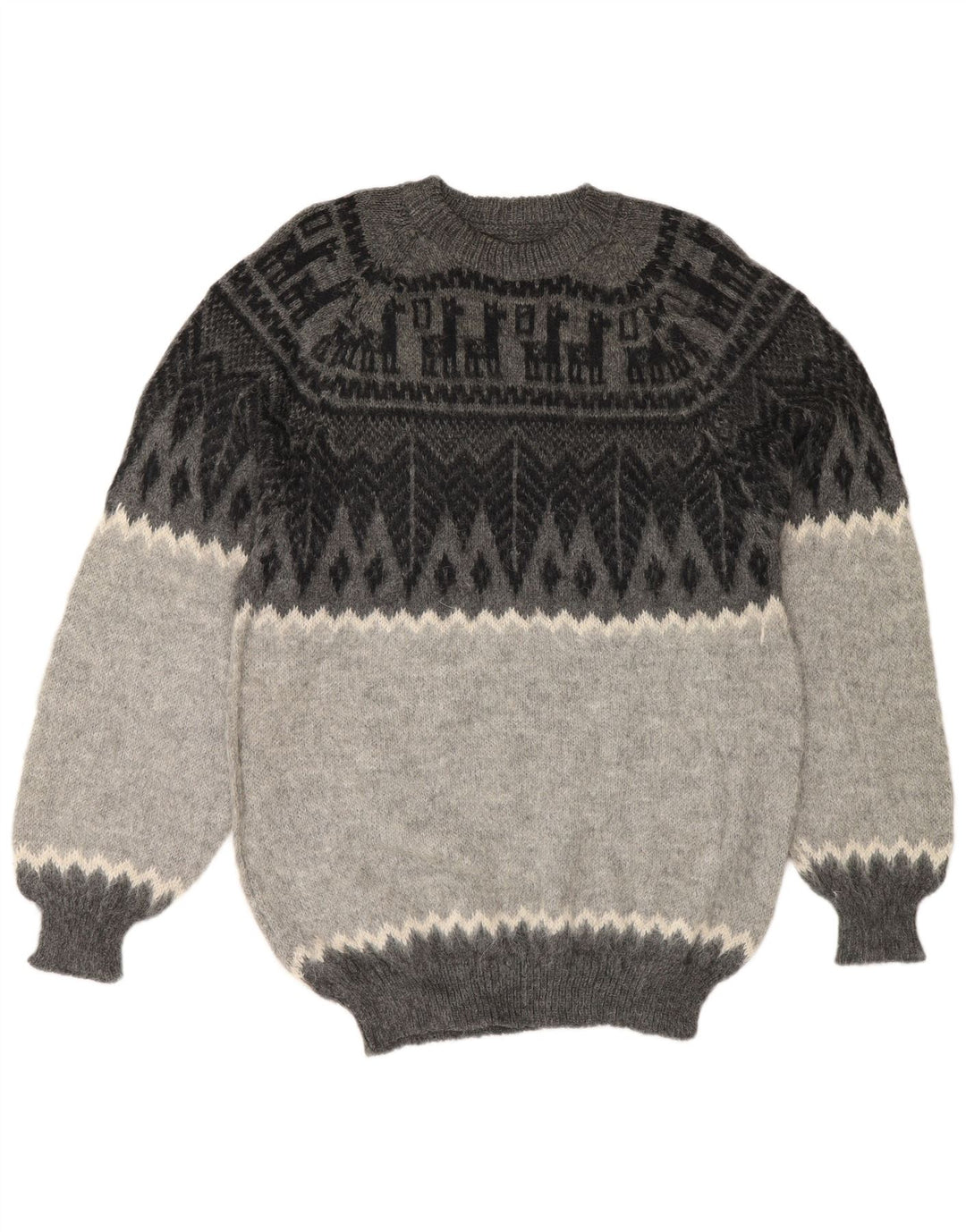 Vintage hombres cuello redondo jersey suéter pequeño gris geométrico
