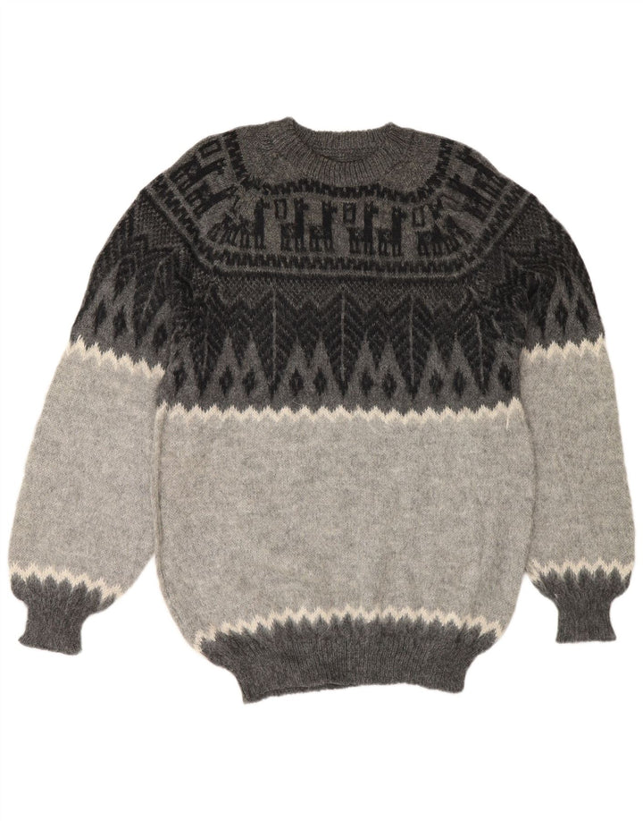 Vintage hombres cuello redondo jersey suéter pequeño gris geométrico