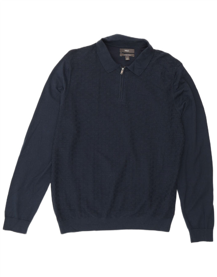 Marks & Spencer Suéter tipo jersey con cuello tipo polo para hombre, tamaño grande, azul marino, geométrico