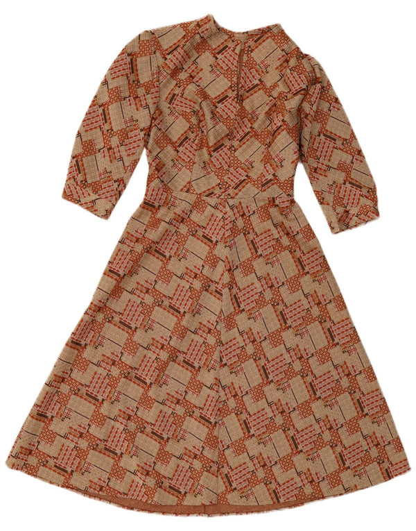 Vintage mujer 3/4 manga A-Line vestido Reino Unido 10 pequeño marrón geométrico