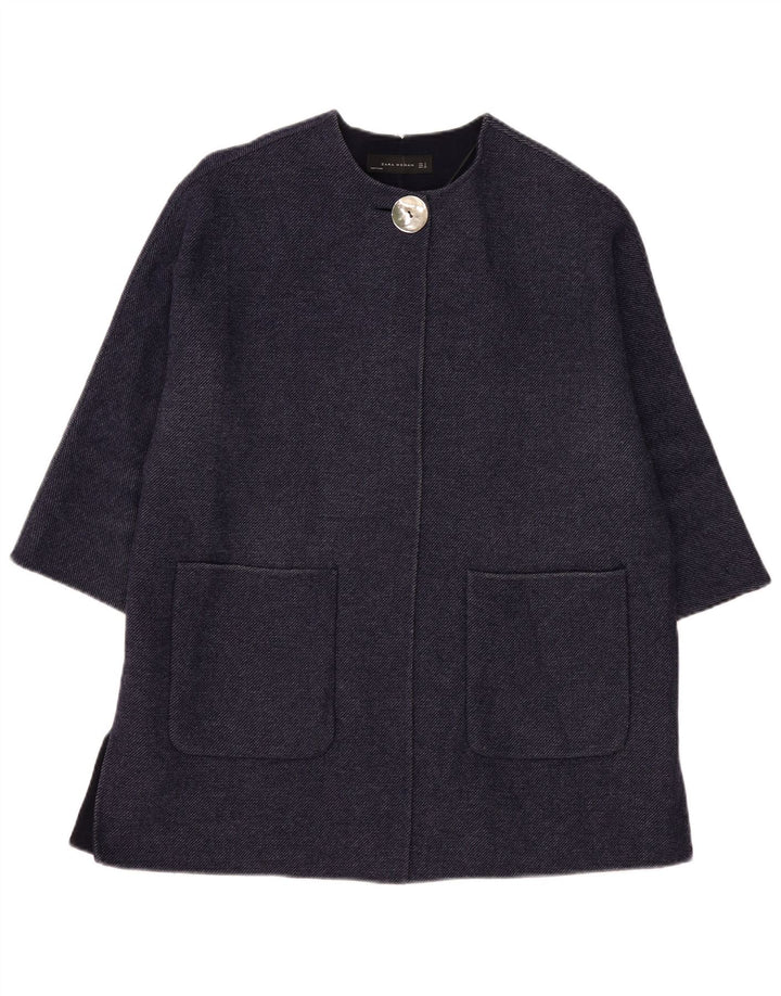 ZARA Womens Oversized 3/4 Sleeve Overcoat UK 10 Small Navy Blue Wool