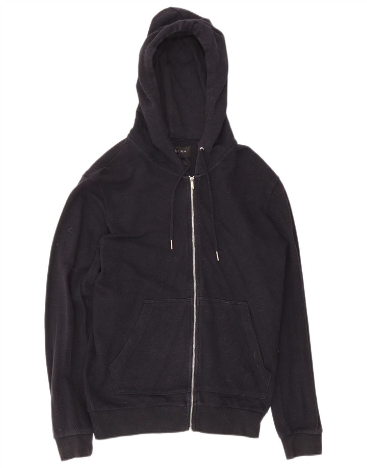 Zara Mens Zip Sudadera Con Capucha Suéter Pequeño Azul Marino