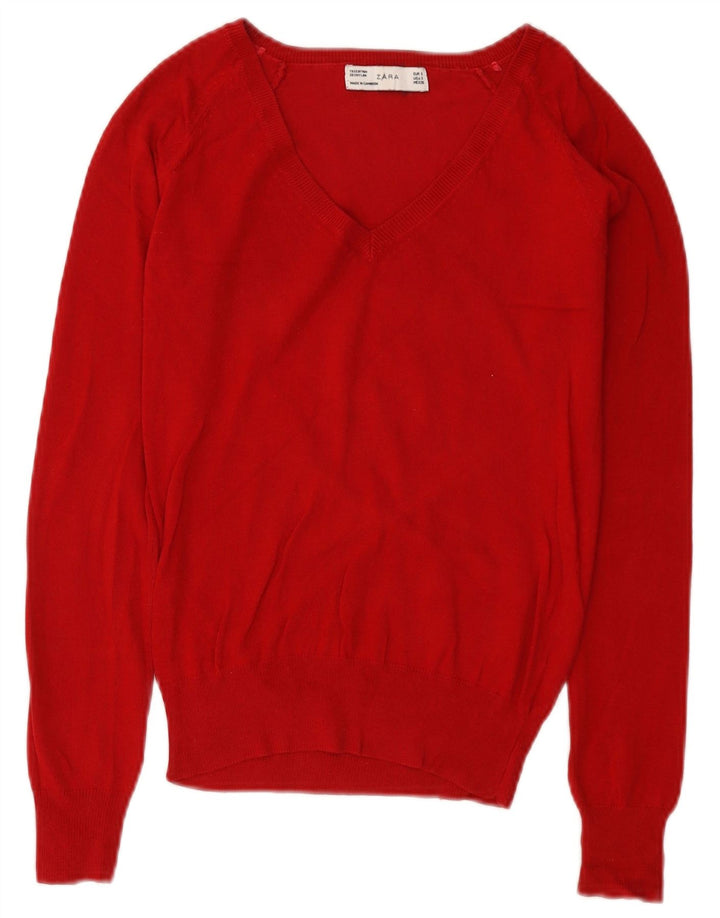 Zara - Jersey con cuello en V para mujer, talla 8, talla pequeña, algodón rojo
