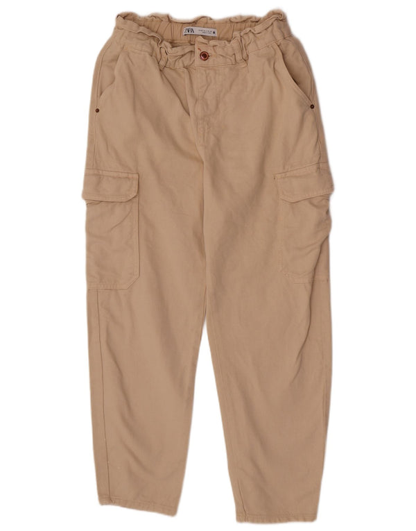Zara Mujer Pantalones Cargo Cónicos De Cintura Alta EU 36 XS W26 L24 Algodón Beige
