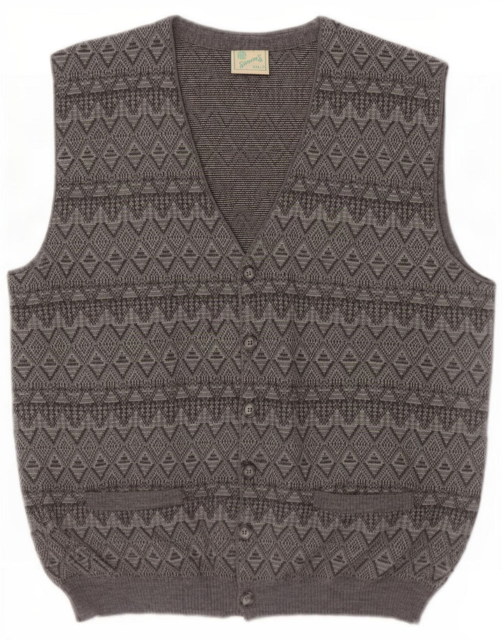 Vintage hombres sin mangas Cardigan suéter 2XL gris Argyle/Diamond