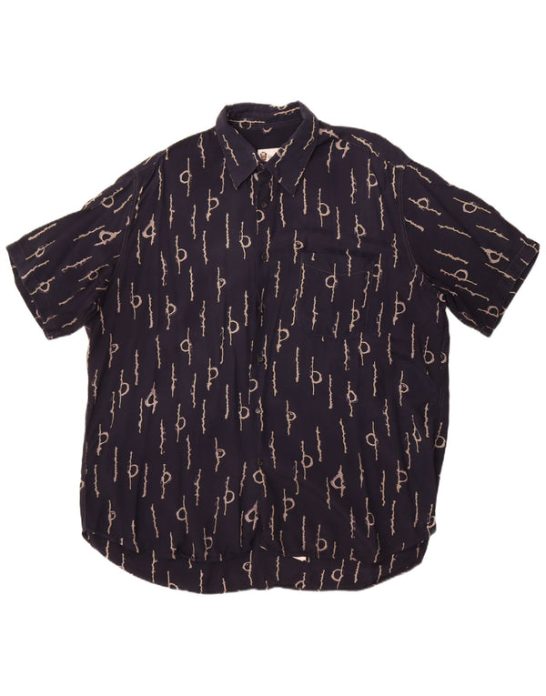 Vintage hombres patrón abstracto camisa de manga corta XL azul marino