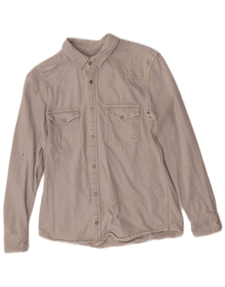 Zara Hombre Camisa Vaquera Desgastada De Corte Relajado Algodón Gris Medio