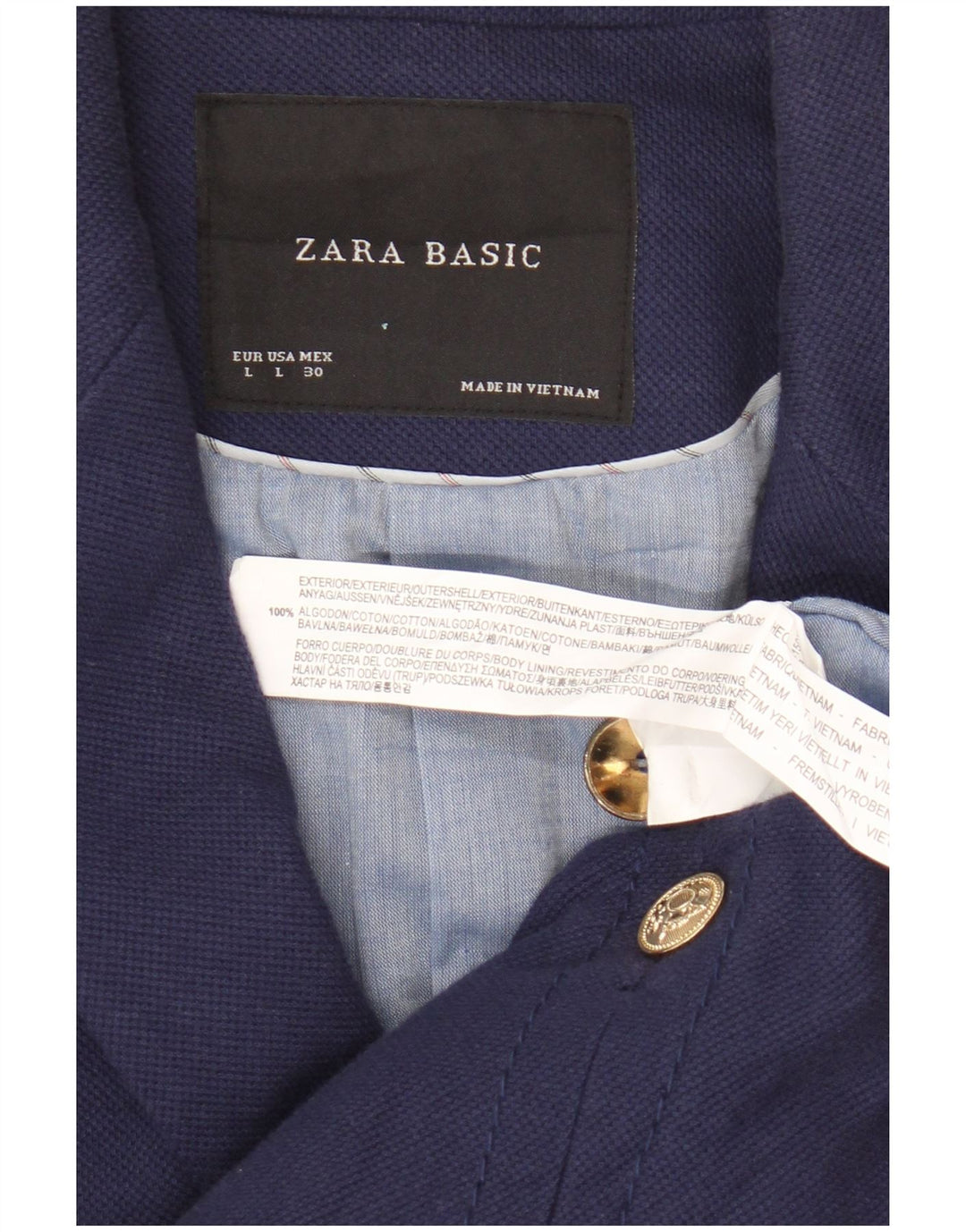 Zara Mujer Crop 1 Botón Blazer Chaqueta UK 46 Grande Azul Marino Algodón