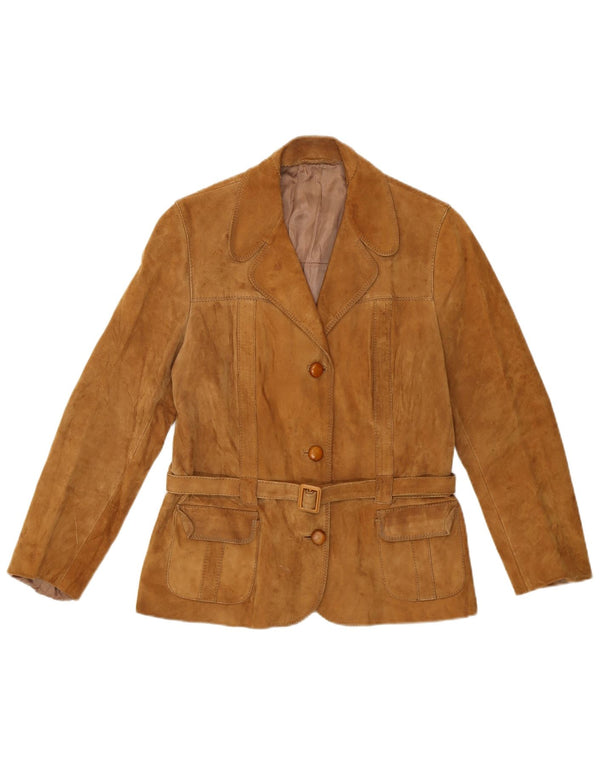 VINTAGE Mujer 3 Botones Ante Blazer Chaqueta Reino Unido 8 Pequeño Ante Beige