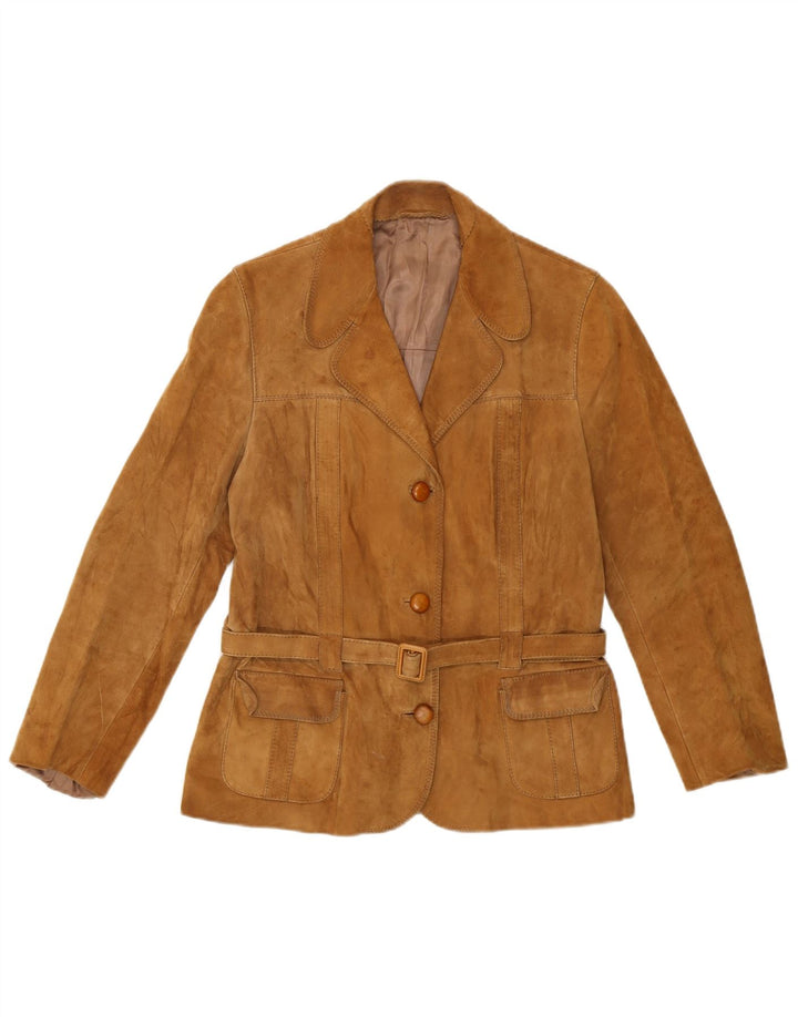 VINTAGE Mujer 3 Botones Ante Blazer Chaqueta Reino Unido 8 Pequeño Ante Beige