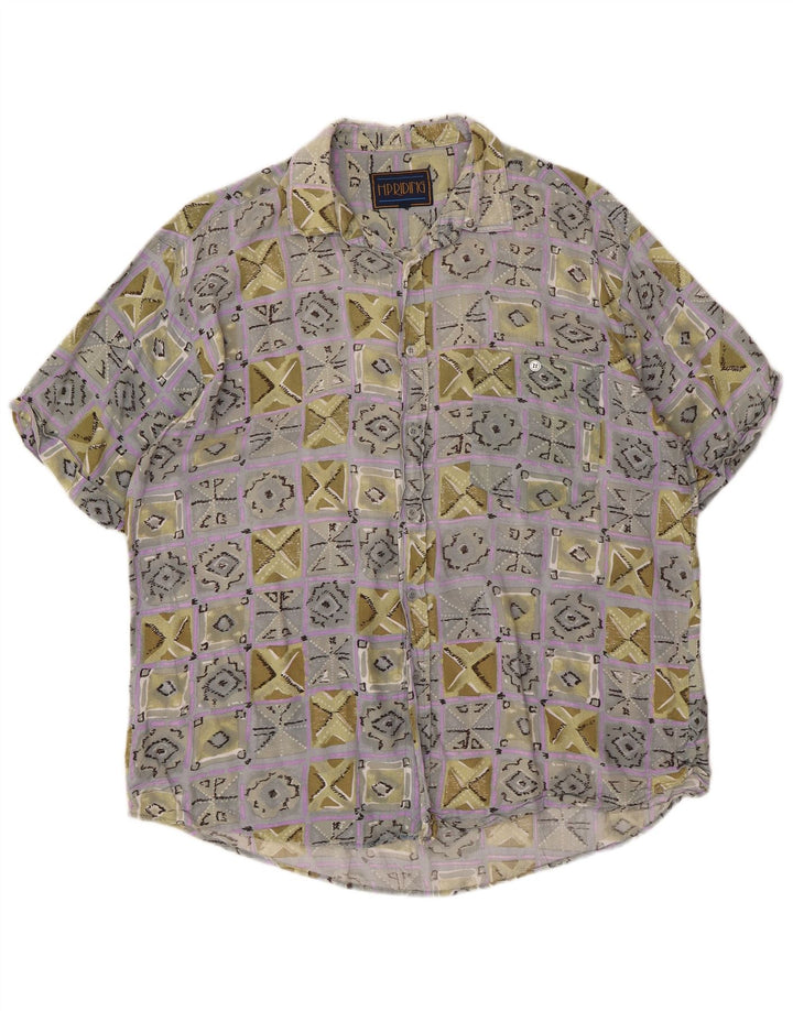 VINTAGE Camisa Manga Corta Hombre XL Viscosa Geométrica Multicolor