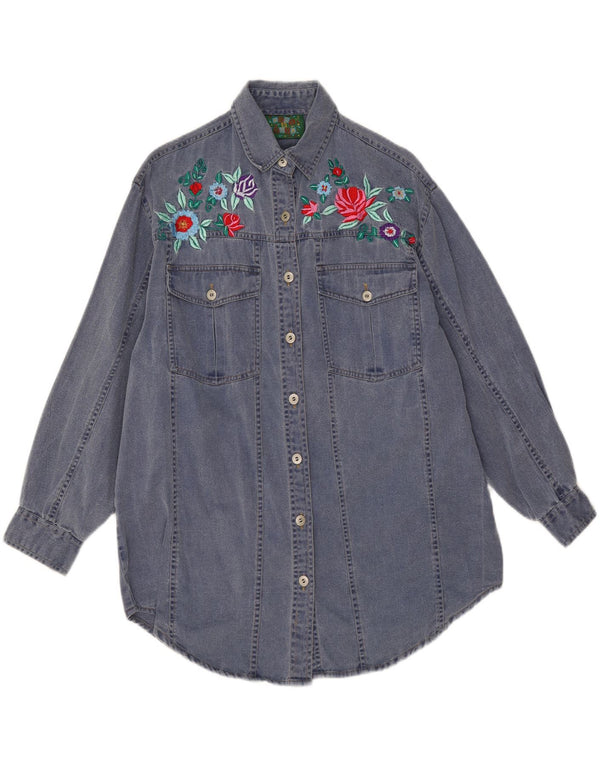 Vintage mujer gráfica manga larga camisa de mezclilla Reino Unido 14 grande azul marino floral