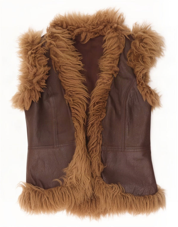 Chaleco de cuero Sherpa vintage para mujer IT 46 Bloque de color marrón grande