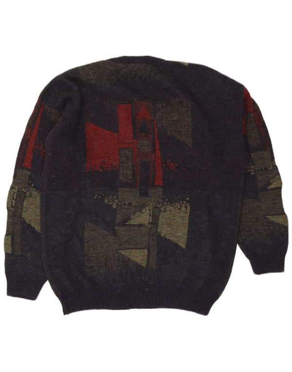 Vintage hombres V-cuello jumper suéter XL azul marino lana geométrica