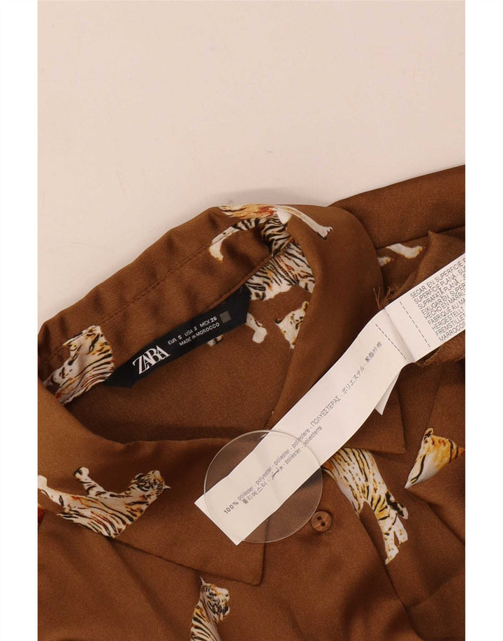 Zara Mujer Blusa Camisa Extragrande UK 10 Small Beige Animal Print Poliéster