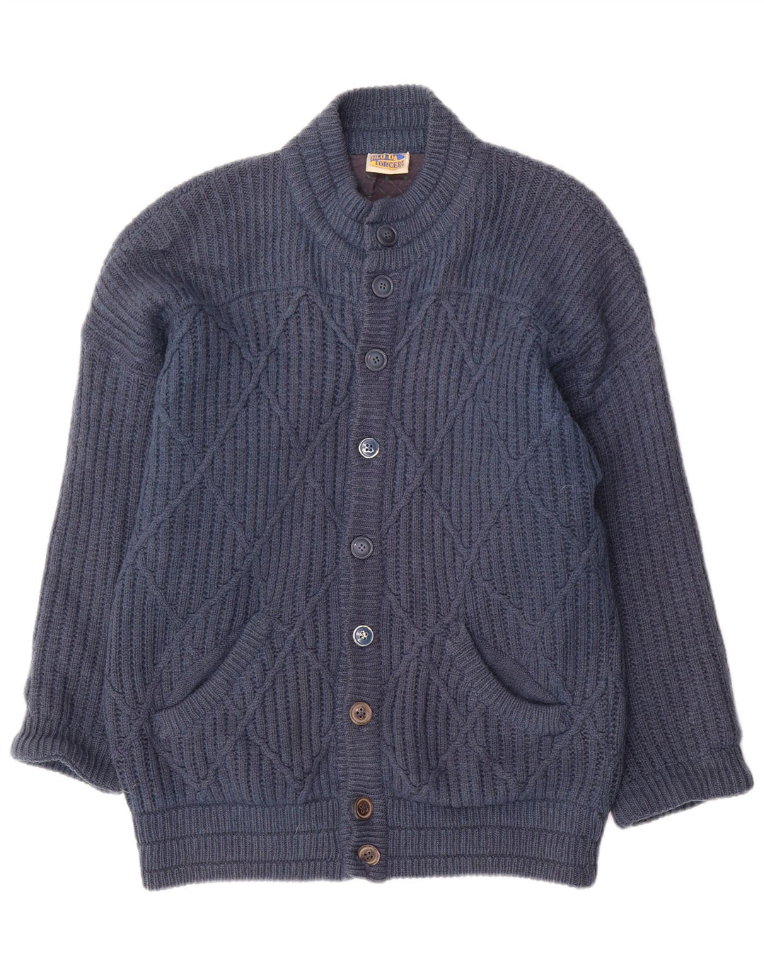 VINTAGE Hombres Cardigan Suéter Medio Azul Marino Lana