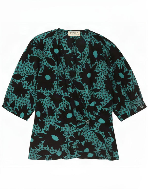 Vintage mujer 3/4 manga blusa Top Reino Unido 12 medio verde floral