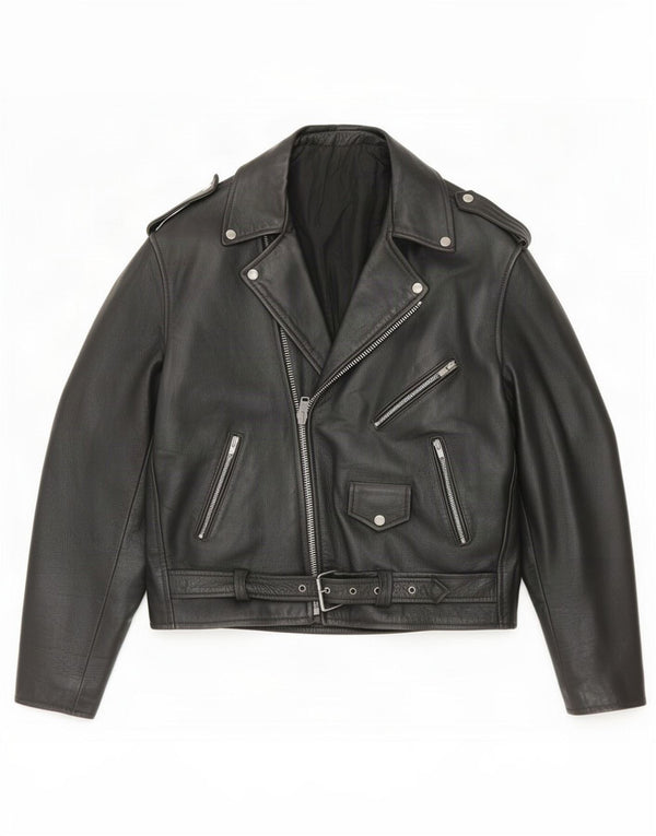 Vintage hombres biker chaqueta Reino Unido 38 cuero negro medio