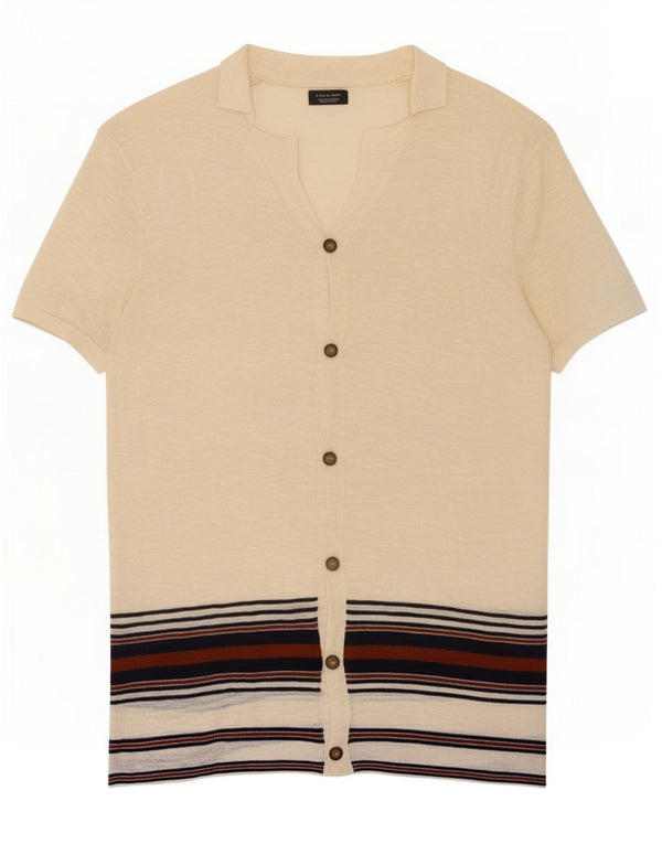 Zara Hombre Camisa Manga Corta Large Algodón Rayas Beige
