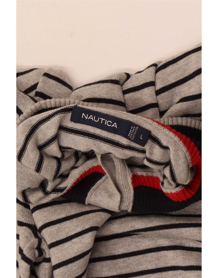 Nautica Jersey de cuello con botones para hombre, suéter grande de algodón a rayas gris