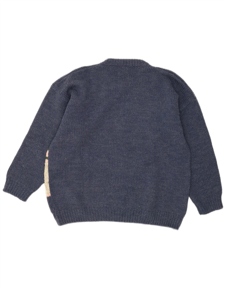 Vintage hombres gráfico cuello redondo jersey suéter grande lana azul marino