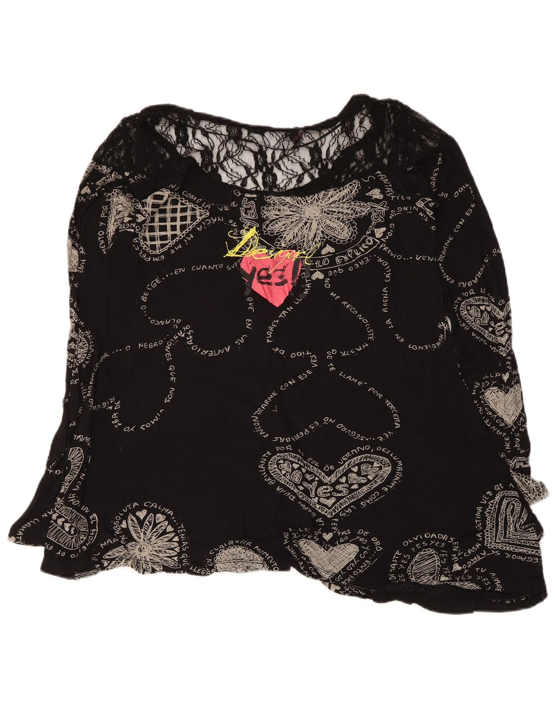Desigual Blusa gráfica para mujer Top Reino Unido 12 Medio Negro Corazón geométrico