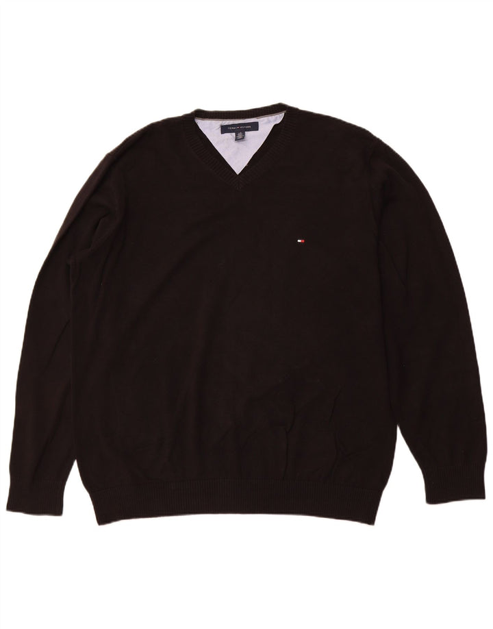 TOMMY HILFIGER Jersey con cuello en V para hombre, talla grande, algodón negro
