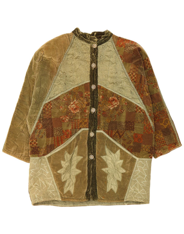 Vintage mujer terciopelo suelto ajuste cortavientos abrigo Reino Unido 20 2XL verde patchwork