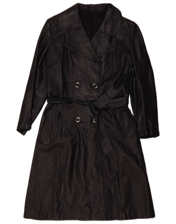 Vintage mujer doble pecho cuero abrigo Reino Unido 4 XS negro