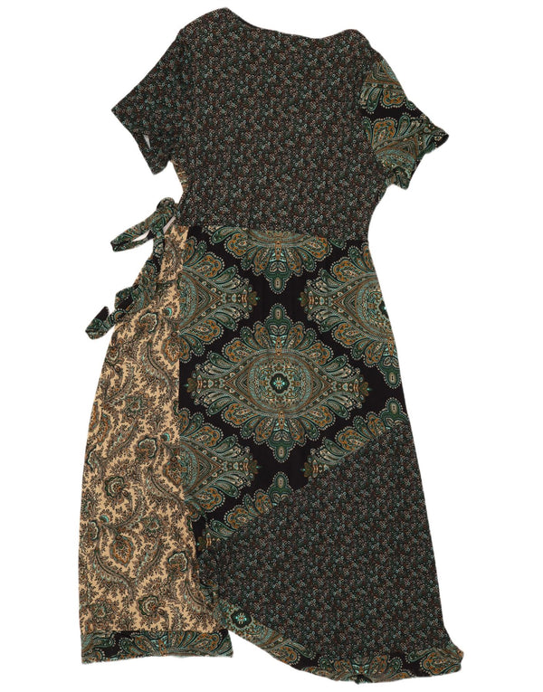 Vintage mujer abrigo vestido Reino Unido 20 2XL verde patchwork viscosa boho