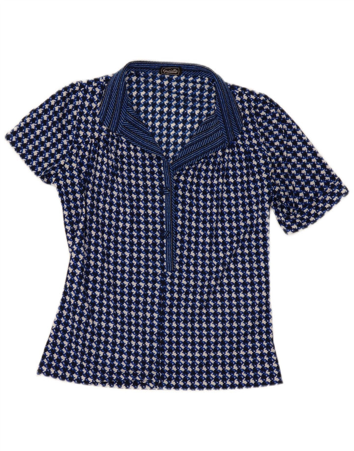 Vintage mujer blusa Top Reino Unido 10 pequeño azul marino pata de gallo